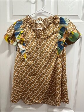 entro Geometric Brown and Multicolor Ruffle Sleeve Blouse